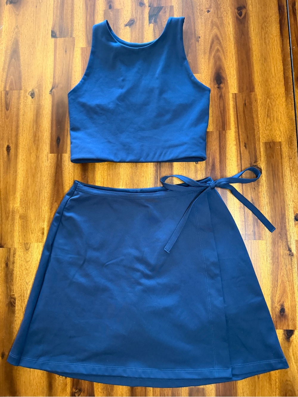 girlfriend collective Navy Blue Crop Tank and Wrap Skirt Set